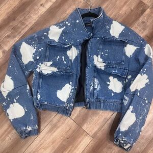 Blue Denim Jacket with bleach splatter detail. Cropped, size XXL